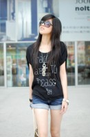 Round Collar Batwing Printed T-shirt Black